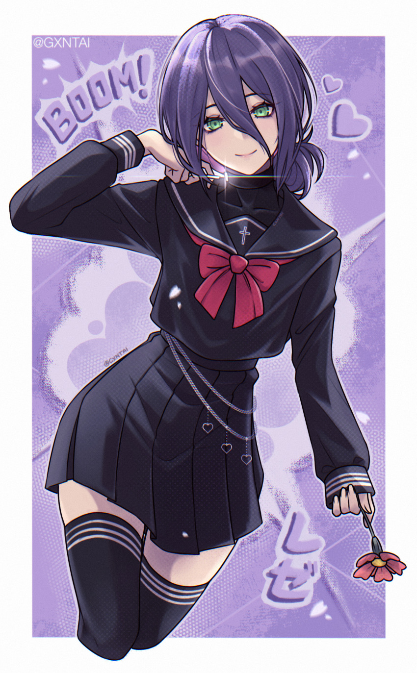 1girl, absurdres, black_choker, black_sailor_collar, black_serafuku, black_shirt, black_skirt, black_thighhighs