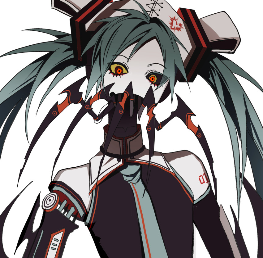1girl, android, arthropod_limbs, bare_shoulders, black_sclera, blouse, blue_hair, ca_(deino), calne_ca_(deino), collared_shirt, colored_sclera, cosplay, detached_sleeves, hair_ornament, hat, hatsune_miku, hatsune_miku_(cosplay), hemostatic, high_collar, highres, horror_(theme), long_hair, looking_at_viewer, mandibles, mechabare, mechanical_arms, necktie, no_mouth, no_nose, nurse_cap, red_eyes, saikin_osen_(vocaloid), shirt, single_mechanical_arm, sleeveless, sleeveless_shirt, solo, twintails, vocaloid, yellow_sclera