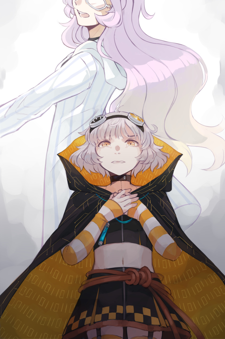 2girls, absurdres, ahoge, belt, binary, black_choker, black_cloak, black_skirt