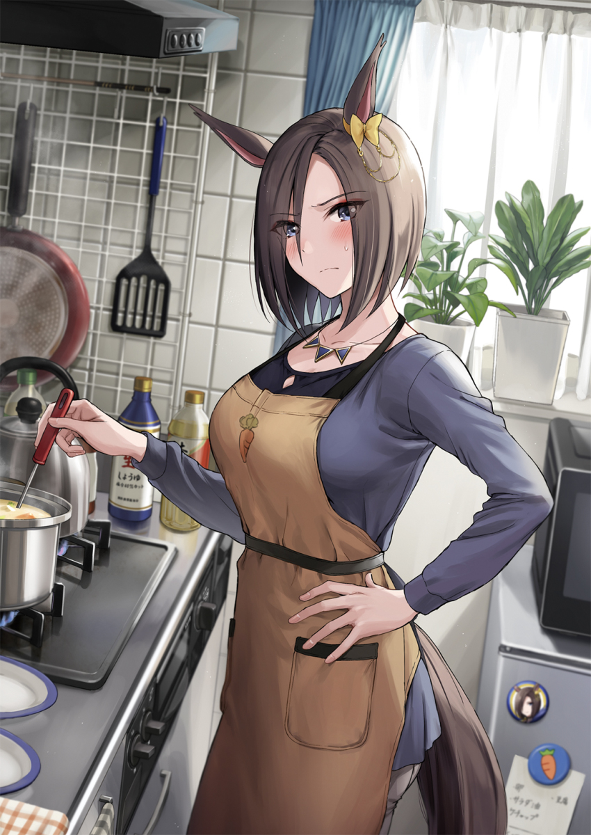 1girl, air_groove_(casual)_(umamusume), air_groove_(umamusume), animal_ears, apron, blue_eyes, blue_shirt, blush