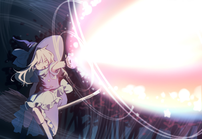 1girl, apron, black_hat, black_skirt, black_socks, blonde_hair, broom, broom_riding