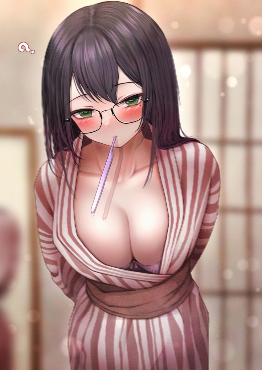 1girl, bath_yukata, black_hair, blush, bra, bra_peek, breasts, cleavage