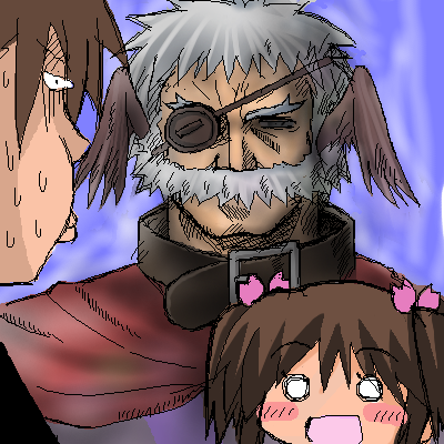 1girl, 2boys, bad_id, bad_link, blush_stickers, bow, brown_hair, eyepatch