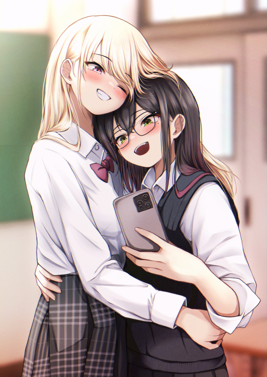 2girls, black_hair, blonde_hair, blurry, blurry_background, blush, bow, bowtie