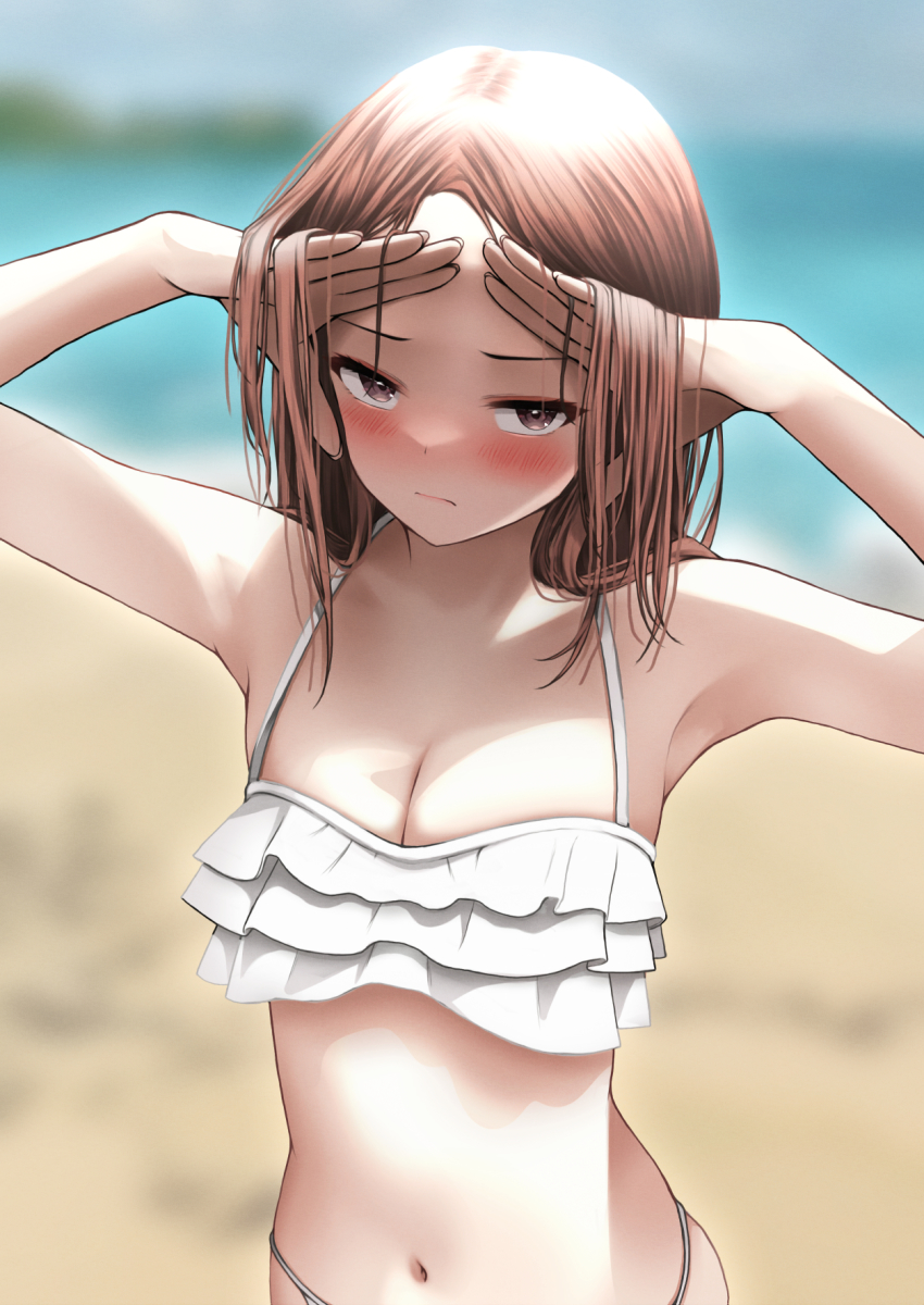 1girl, adjusting_hair, armpits, arms_up, bikini, blush, breasts, brown_eyes