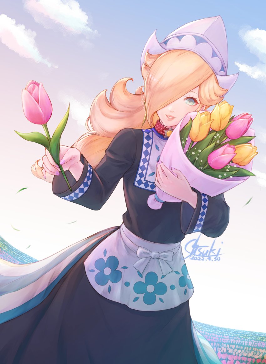 1girl, absurdres, alternate_costume, blonde_hair, blue_eyes, bouquet, cloud, dutch_clothes