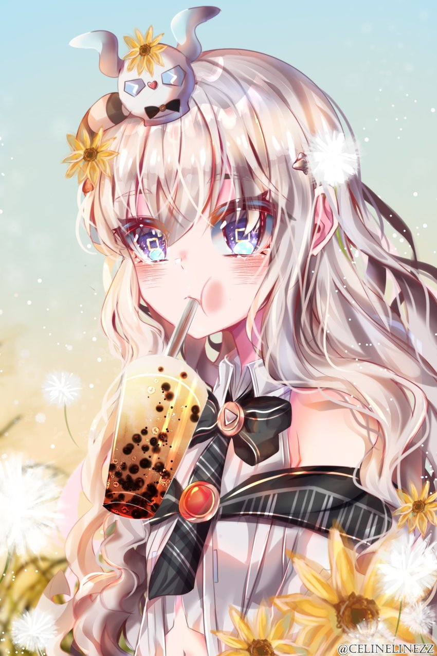 absurdres, bare_shoulders, bow, bowtie, bubble_tea, celinelinezz, commission, dandelion, dragon_girl, drink, drinking_straw, drinking_straw_in_mouth, flower, hair_flower, hair_ornament, highres, horns_removed, ibuki_meno, long_hair, otagon_(ibuki_meno), prism_project, purple_eyes, second-party_source, silver_hair, sleeveless, sleeveless_jacket, symbol-shaped_pupils, virtual_youtuber