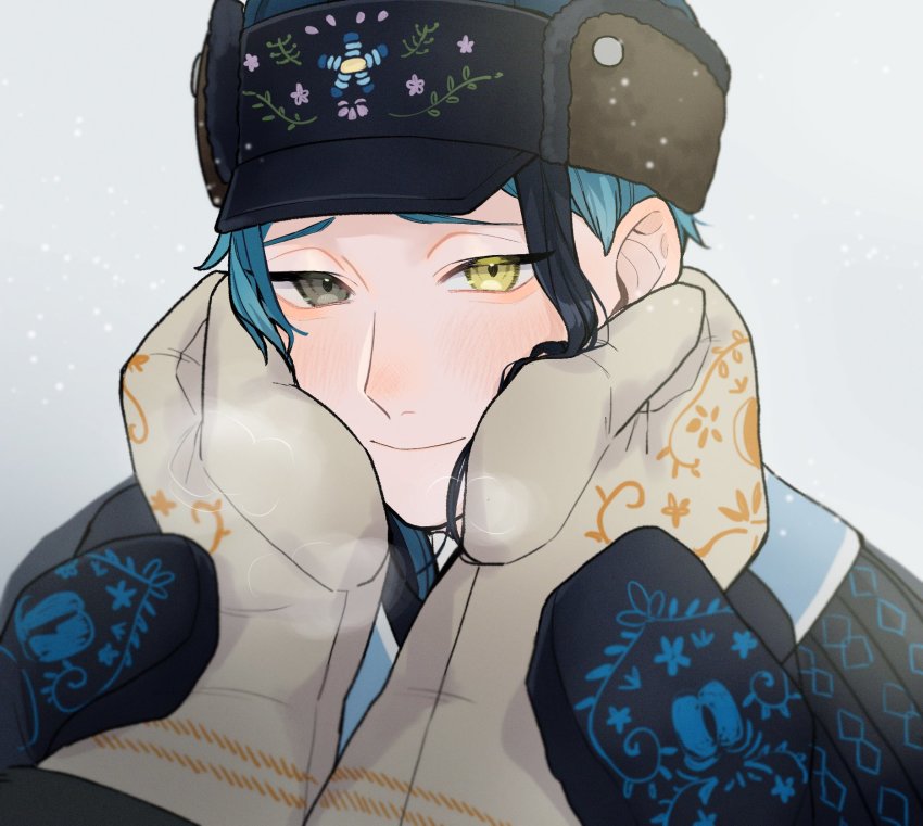 1boy, 1other, aqua_hair, black_hair, blue_hair, day, embroidered_gloves, embroidered_hat, embroidery, fune_(user_kujn8834), hands_on_another's_face, hands_on_another's_wrists, heterochromia, highres, jade_leech, jade_leech_(applepom), light_blush, male_focus, mittens, multicolored_hair, outdoors, portrait, pov, pov_hands, single_sidelock, smile, snowing, streaked_hair, twisted_wonderland, winter, winter_clothes, yellow_eyes