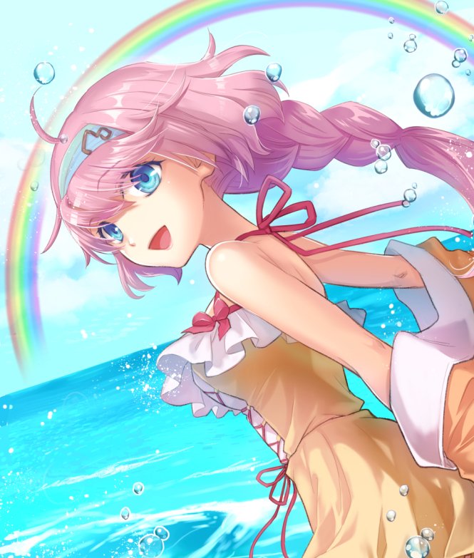 1girl, bare_shoulders, beach, blue_eyes, braid, braided_ponytail, breasts, cloud, hairband, kawazoemariko, long_hair, looking_at_viewer, medium_breasts, ocean, official_alternate_costume, outdoors, priscilla_(rune_factory), rainbow, rune_factory, rune_factory_5, smile, swimsuit, water_drop