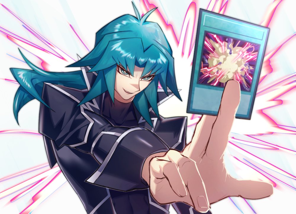 1boy, aqua_eyes, aqua_hair, card, coat, collar, covered_abs, duel_academy_uniform_(yu-gi-oh!_gx), electricity, eyeshadow, foreshortening, holding, holding_card, long_hair, makeup, male_focus, marufuji_ryo, nodo_sn, open_clothes, open_coat, overload_fusion, sidelocks, smile, solo, spiked_collar, spikes, upper_body, yu-gi-oh!, yu-gi-oh!_gx