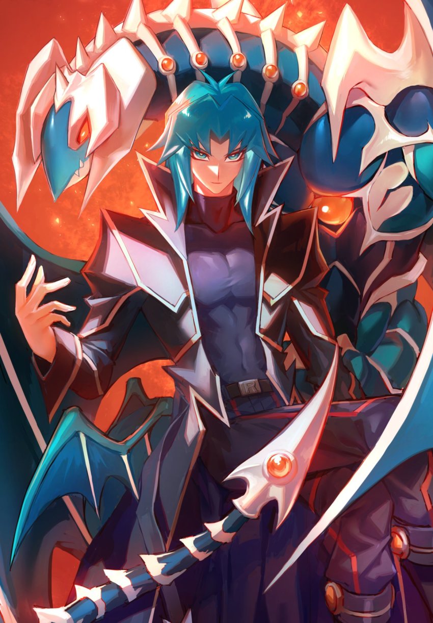 1boy, aqua_eyes, aqua_hair, belt, bishounen, chthonian_emperor_dragon, coat, collar