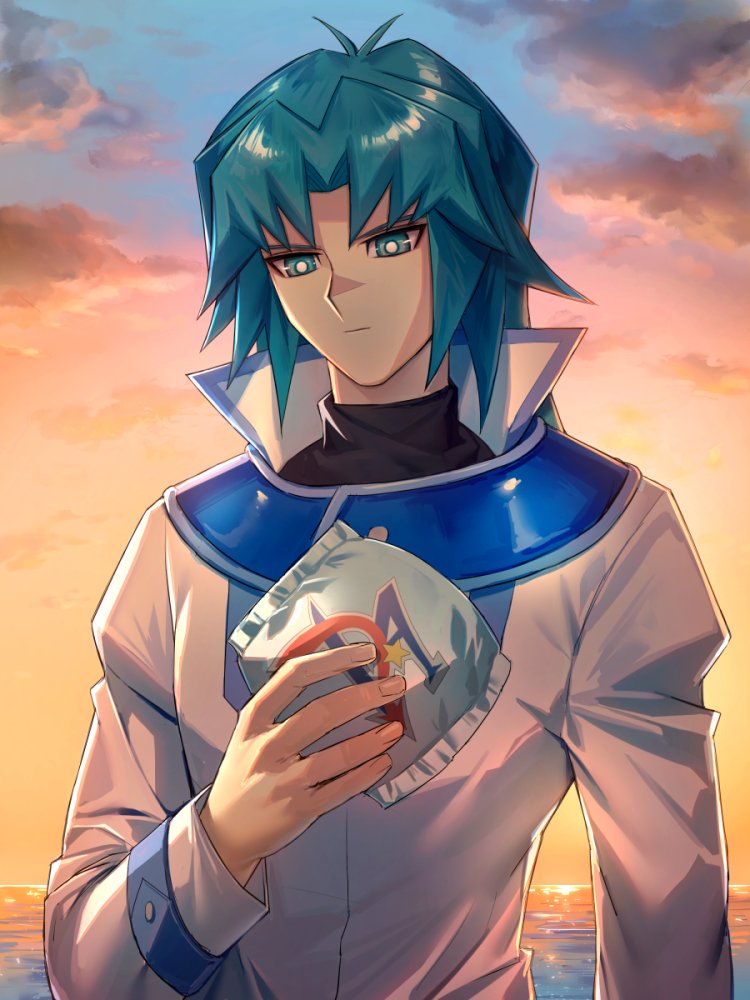 1boy, aqua_eyes, aqua_hair, burger, cloud, cloudy_sky, collar, duel_academy_uniform_(yu-gi-oh!_gx)