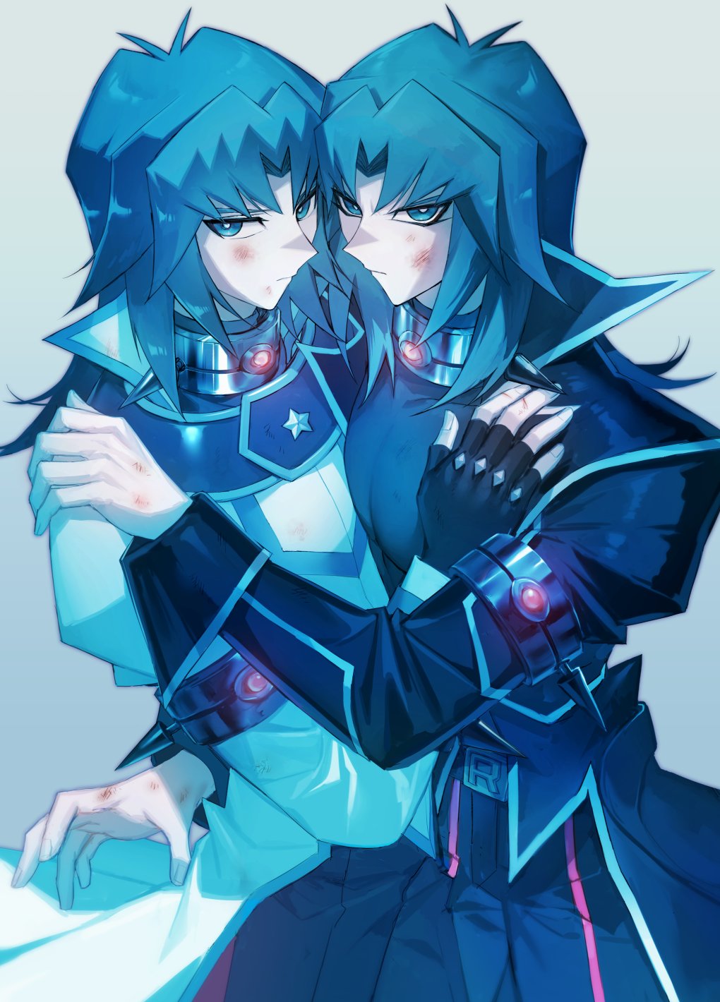 2boys, aqua_eyes, aqua_hair, black_coat, bruise, coat, collar, duel_academy_uniform_(yu-gi-oh!_gx), eyeshadow, feet_out_of_frame, heads_together, highres, injury, long_hair, makeup, male_focus, marufuji_ryo, metal_collar, multiple_boys, multiple_persona, nodo_sn, official_alternate_costume, pectoral_press, sidelocks, spiked_collar, spikes, symbolism, toned, toned_male, yu-gi-oh!, yu-gi-oh!_gx