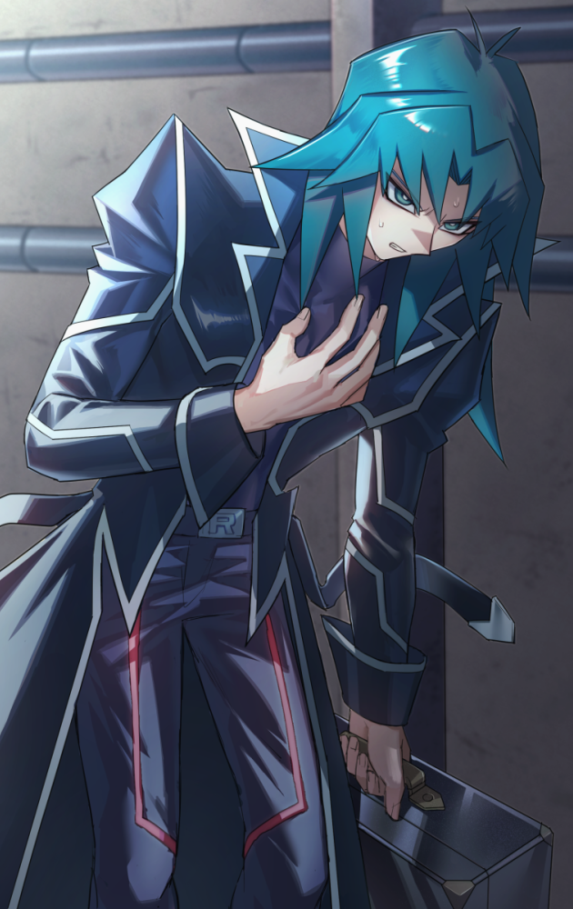 1boy, aqua_eyes, aqua_hair, black_coat, briefcase, coat, collar, duel_academy_uniform_(yu-gi-oh!_gx), eyeshadow, feet_out_of_frame, frown, hand_on_own_chest, holding, holding_briefcase, leaning_forward, long_hair, makeup, male_focus, marufuji_ryo, nodo_sn, official_alternate_costume, sidelocks, solo, spiked_collar, spikes, standing, yu-gi-oh!, yu-gi-oh!_gx