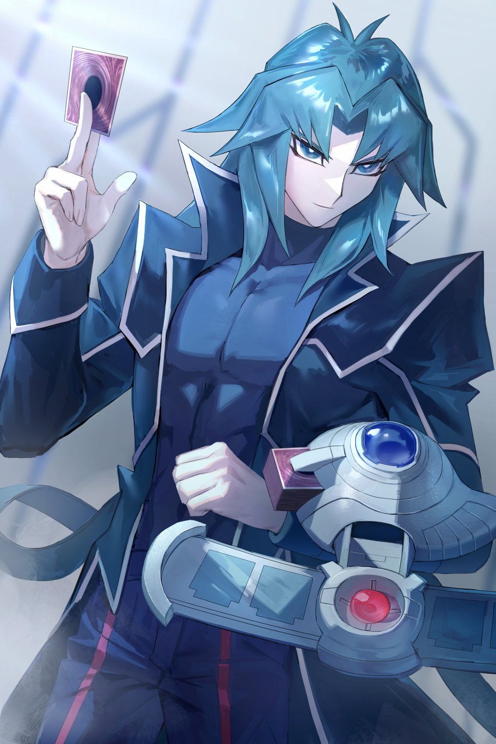 1boy, aqua_eyes, aqua_hair, black_coat, card, coat, collar, covered_abs