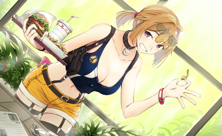 1girl, belt, bracelet, breasts, brown_hair, burger, cleavage, collarbone, crop_top, cup, disposable_cup, drinking_straw, eyewear_on_head, food, french_fries, girls'_frontline, glasses, grin, grizzly_mkv_(girls'_frontline), grizzly_mkv_(weekend_cop)_(girls'_frontline), highres, holding, holding_tray, jewelry, large_breasts, looking_at_viewer, midriff, navel, purple_eyes, shorts, smile, solo, tarutaru_gungun, tray, yellow_shorts