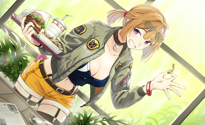 1girl, belt, bracelet, breasts, brown_hair, burger, cleavage, collarbone, crop_top, cup, disposable_cup, drinking_straw, eyewear_on_head, food, french_fries, girls'_frontline, glasses, grin, grizzly_mkv_(girls'_frontline), grizzly_mkv_(weekend_cop)_(girls'_frontline), highres, holding, holding_tray, jacket, jewelry, large_breasts, long_sleeves, looking_at_viewer, midriff, navel, open_clothes, open_jacket, purple_eyes, shorts, smile, solo, tarutaru_gungun, tray, yellow_shorts