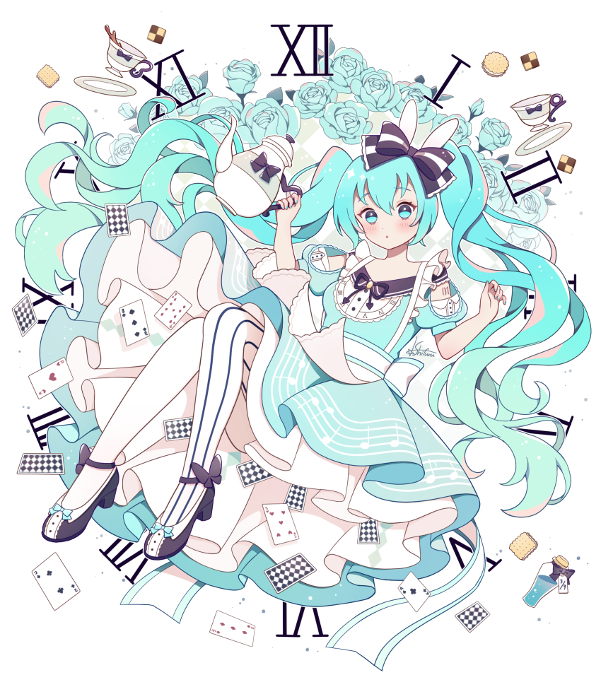 1girl, :o, alice_(alice_in_wonderland), alice_(alice_in_wonderland)_(cosplay), alice's_adventures_in_wonderland, animal_ears, arms_up, asymmetrical_legwear