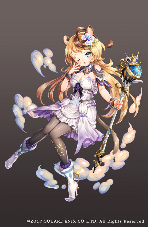 1girl, blonde_hair, breasts, brown_background, copyright_notice, dormouse_(grimms_notes), dress, full_body, gradient_background, grimms_notes, long_hair, nemusuke, official_art, one_eye_closed, open_mouth, pantyhose, sleepy, solo, wand, weapon