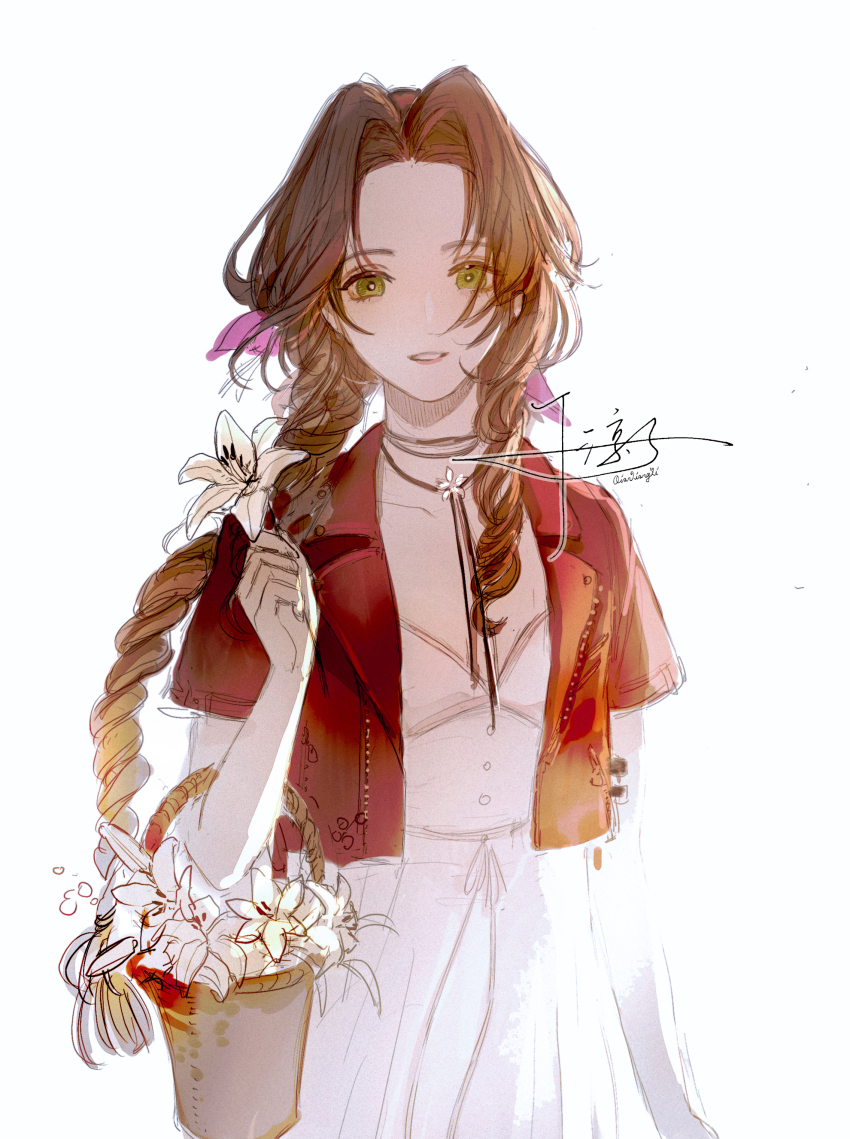 1girl, absurdres, aerith_gainsborough, breasts, brown_hair, choker, cropped_jacket, dress