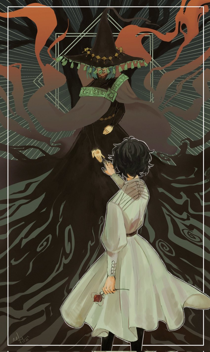 2girls, agott_arklaum_(tongari_boushi_no_atelier), back, bad_end, black_dress, black_hair, coco_(tongari_boushi_no_atelier), dress, flower, green_hair, hat, hidden_eyes, highres, holding, holding_flower, long_sleeves, multiple_girls, oa_lien, short_hair, taking_another's_hand, tassel, tongari_boushi_no_atelier, white_dress, witch_hat