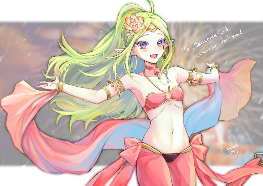 ahoge, arabian_clothes, armpits, belly_dancer, choker, fire_emblem, fire_emblem_awakening, flat_chest, flower, flower_on_head, highres, long_hair, navel, nintendo, nowi_(fire_emblem), osiri_siri_siri, pointy_ears, purple_eyes, stomach