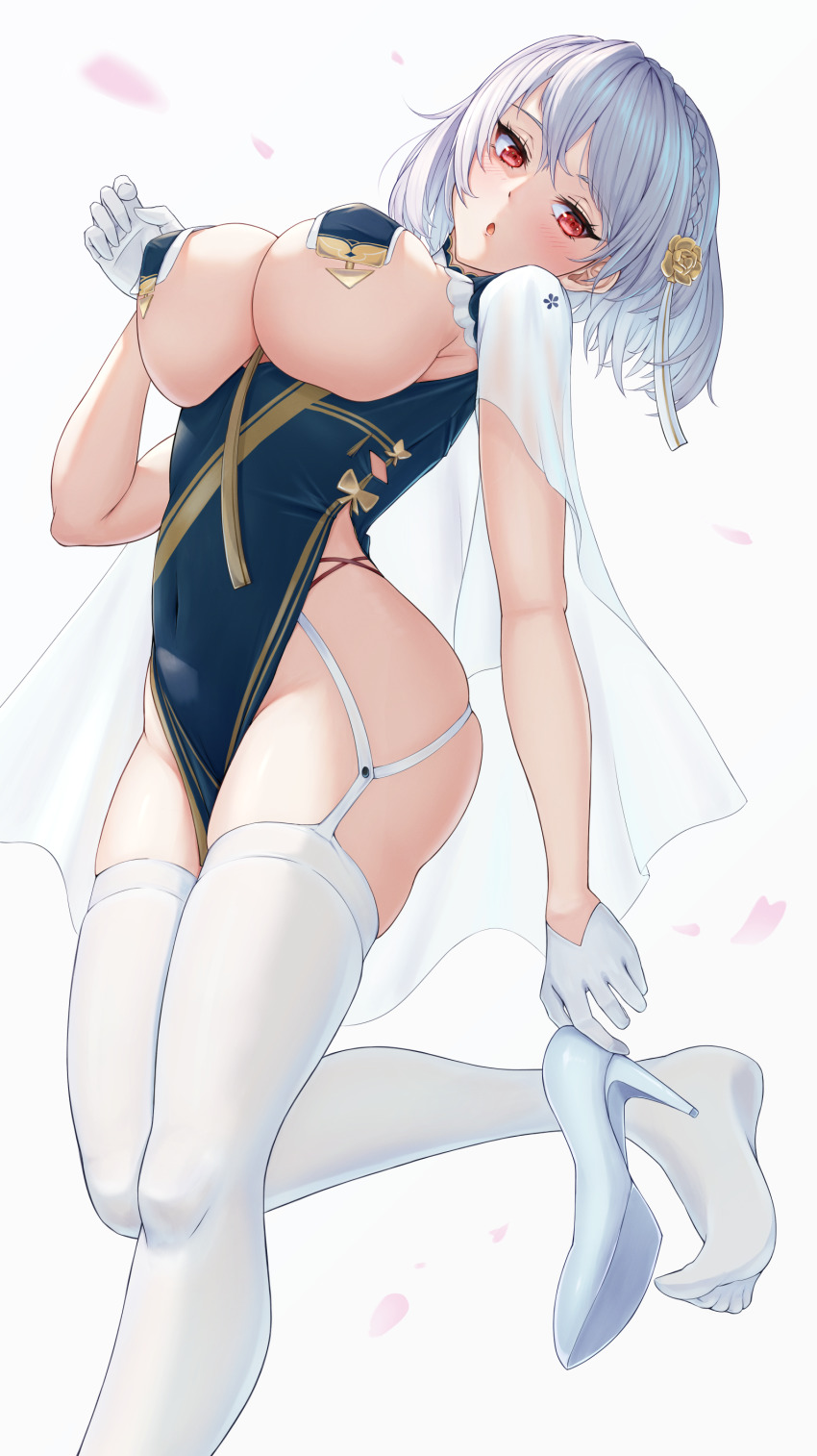 absurdres, azur_lane, braid, breast_curtains, breasts, cape, china_dress, chinese_clothes, commentary_request, dress, flower, garter_straps, gloves, hair_flower, hair_ornament, high_heels, highres, large_breasts, no_shoes, red_eyes, removing_shoes, ropi_(yyuichi29), sirius_(azur_lane), sirius_(azure_horizons)_(azur_lane), soles, thick_thighs, thighhighs, thighs, underboob, white_gloves, white_hair