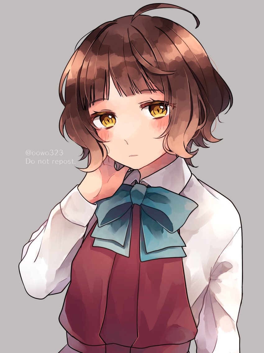 1girl, ahoge, amot_211, aqua_bow, aqua_bowtie, blunt_bangs, bow, bowtie