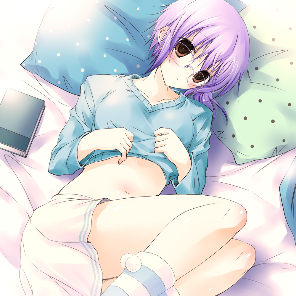 1girl, brown_eyes, clothes_lift, female_focus, glasses, lying, nagato_yuki, purple_hair