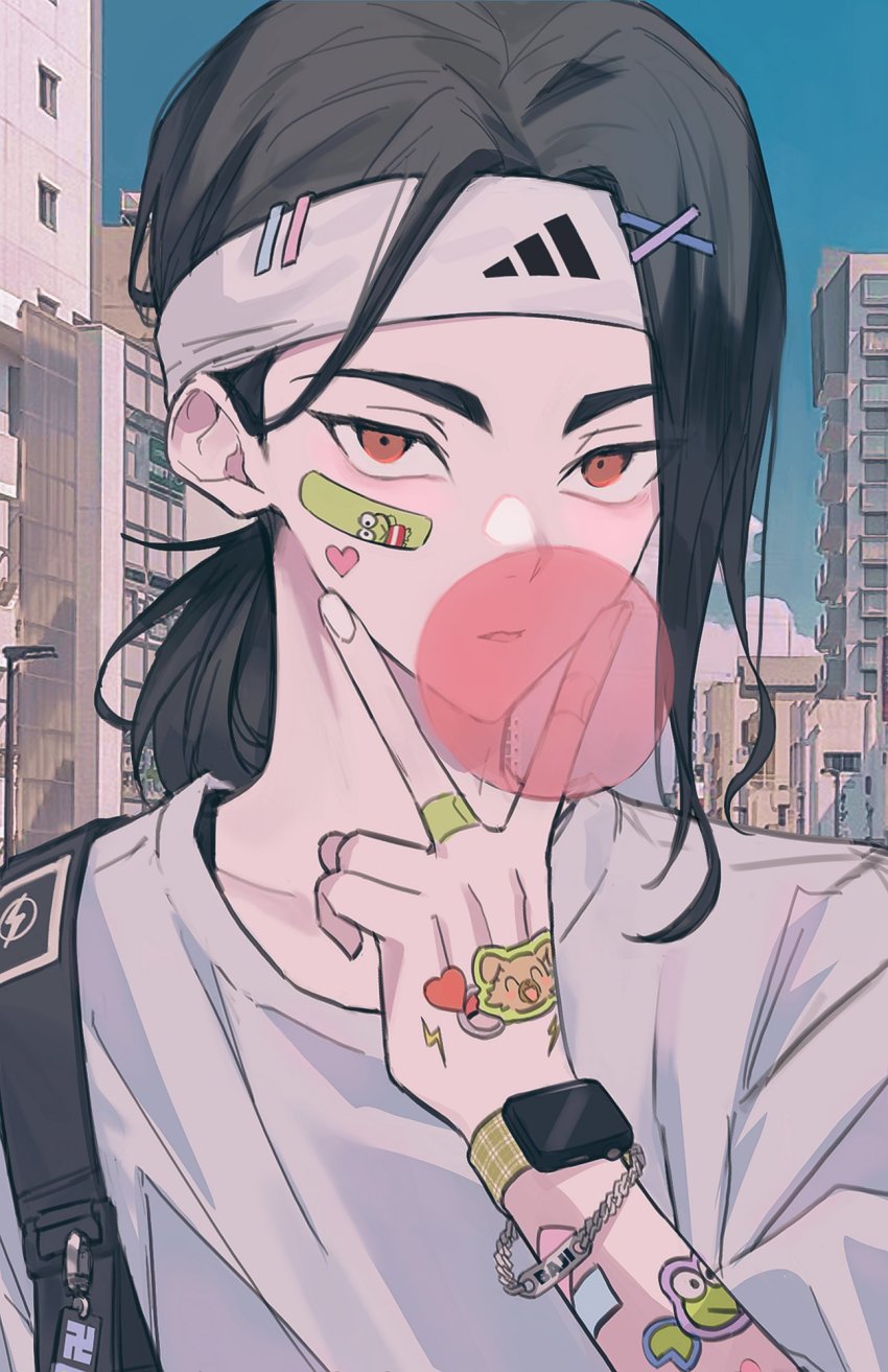 1boy, bad_id, bad_twitter_id, baji_keisuke, bandaid, bandaid_on_face, black_hair, blowing_bubble_gum