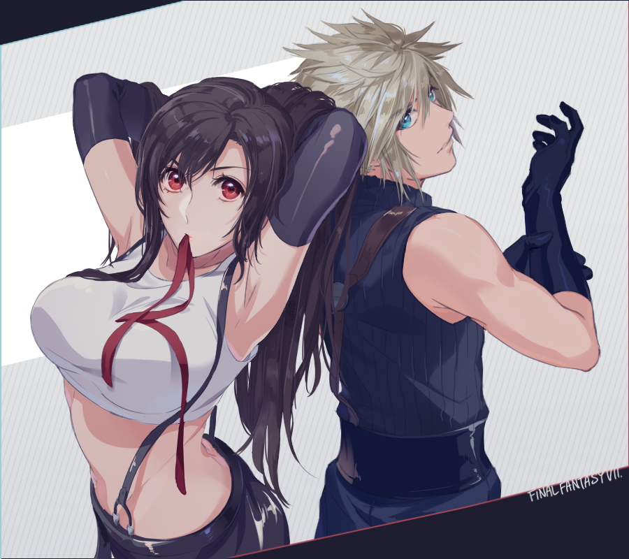 1boy, 1girl, armpits, arms_behind_head, back-to-back, bare_shoulders, black_gloves, black_hair