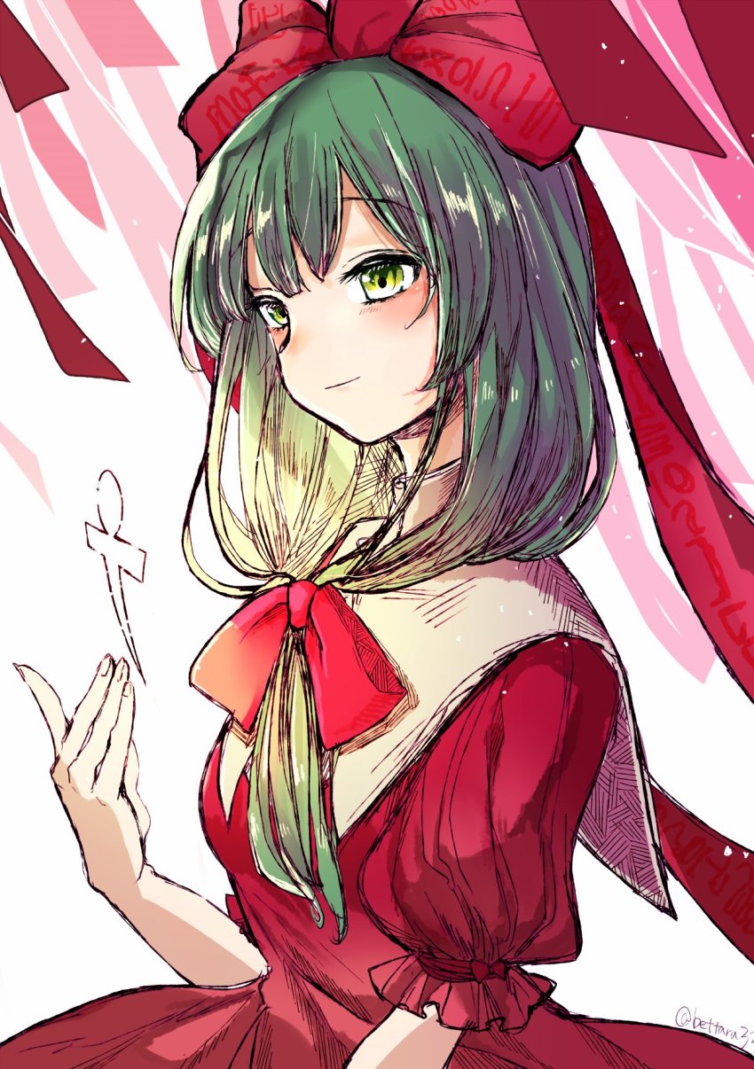 1girl, blush, bow, collar, commentary_request, dress, green_eyes, green_hair