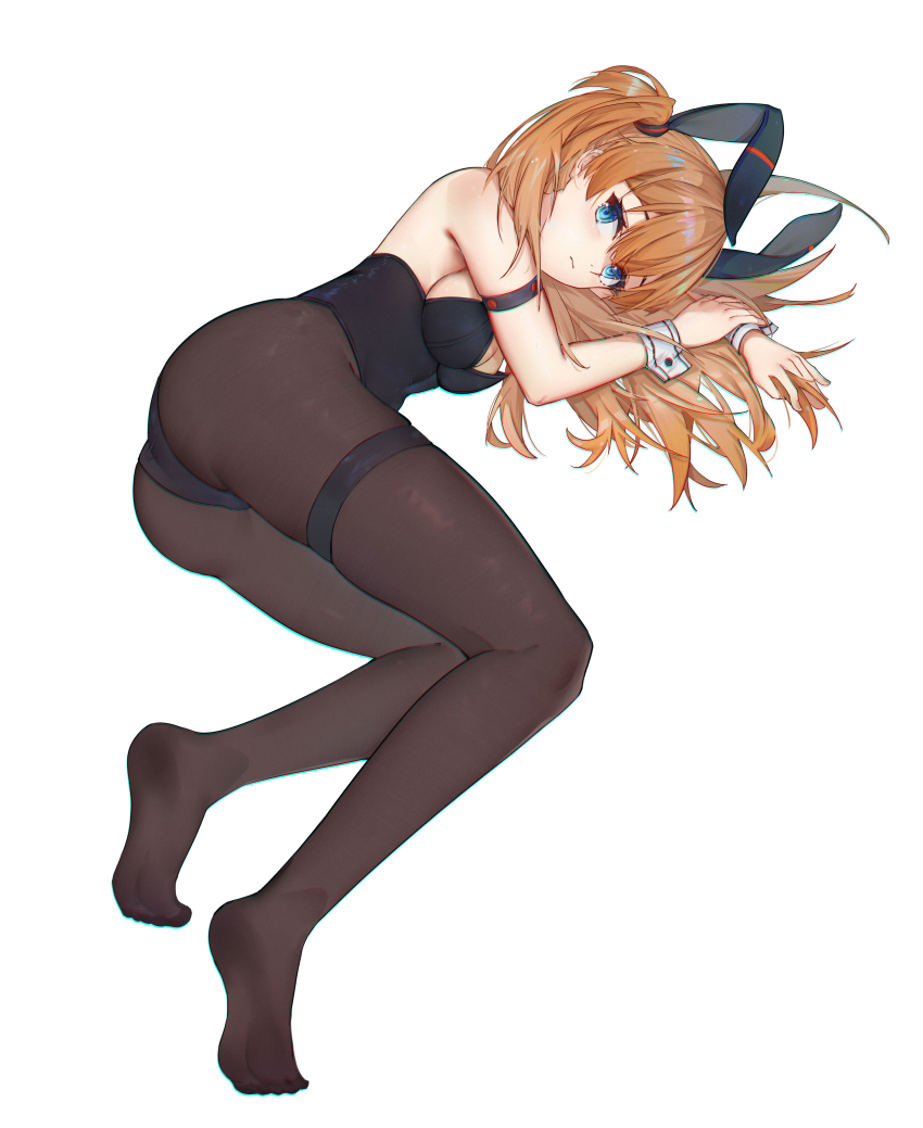 1girl, absurdres, blue_eyes, eyebrows_hidden_by_hair, hair_between_eyes, highres, lao_lai, neon_genesis_evangelion, orange_hair, pantyhose, playboy_bunny, simple_background, solo, souryuu_asuka_langley, thigh_strap, thighs, white_background