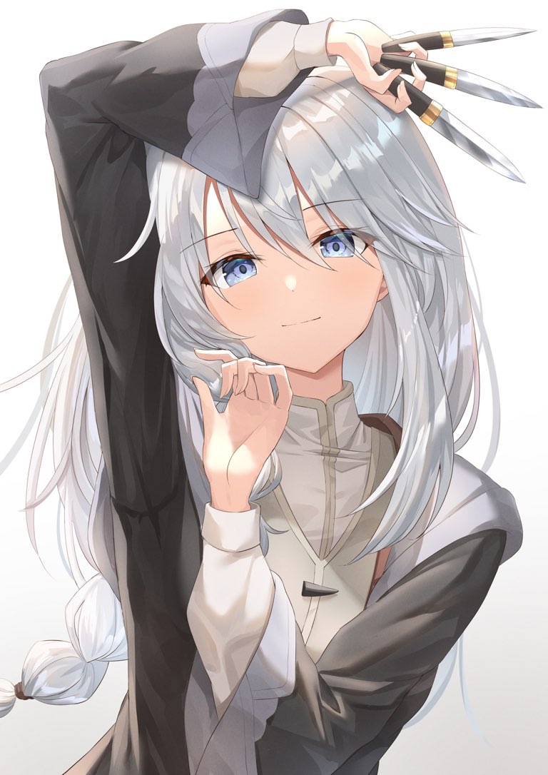 1girl, black_jacket, blue_eyes, closed_mouth, gradient_background, holding, holding_knife, jacket, kanaria_hisagi, knife, long_hair, long_sleeves, looking_at_viewer, majo_no_tabitabi, nike_(majo_no_tabitabi), solo, upper_body, white_background, white_hair, witch