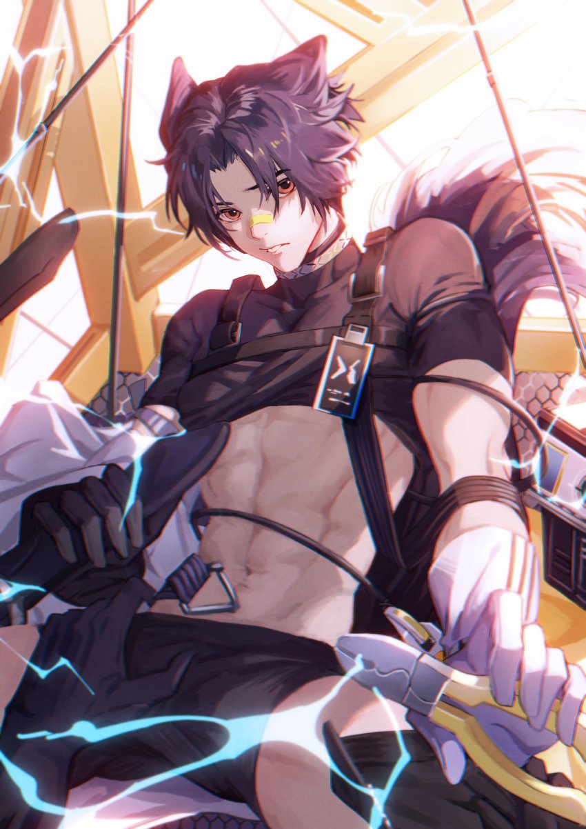 1boy, 1other, abs, animal_ears, arknights, bandaid, bandaid_on_face, bandaid_on_nose