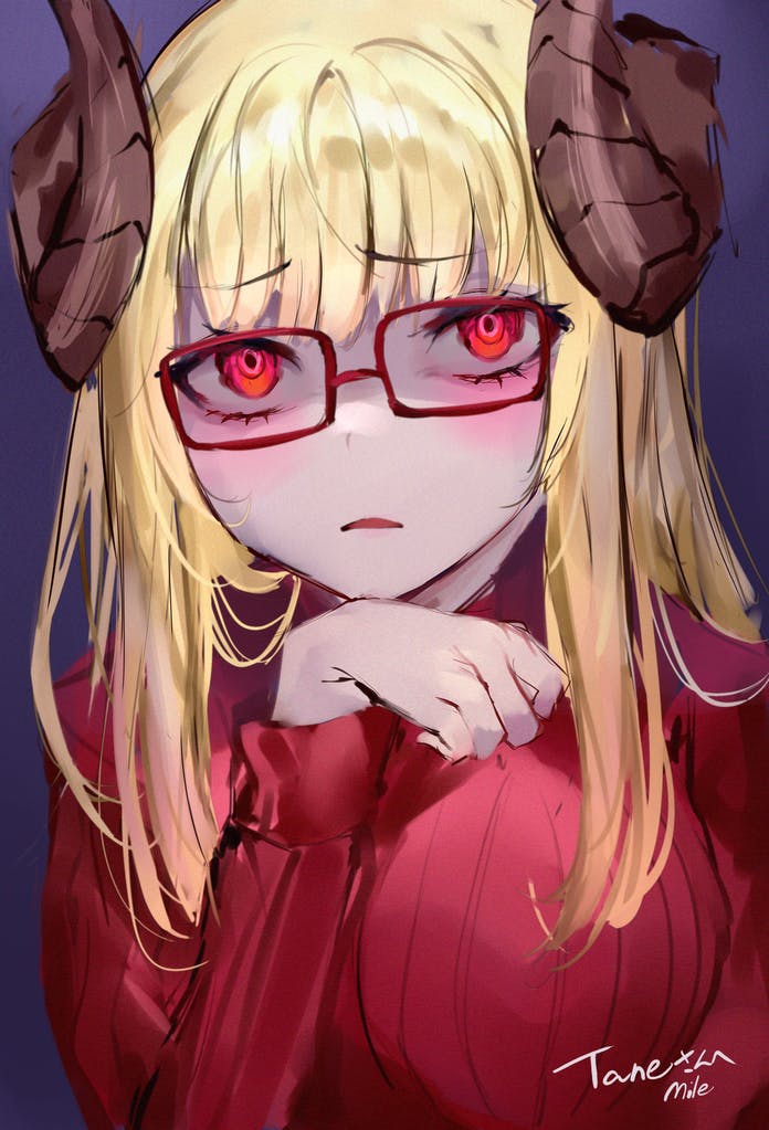 1girl, blonde_hair, blush, commission, curled_horns, glasses, hand_up, horns