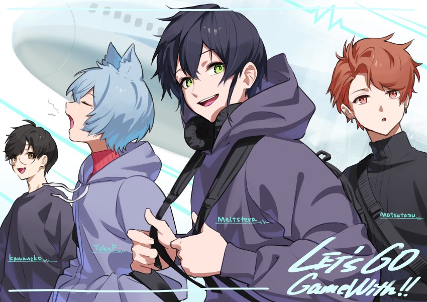 4boys, absurdres, aircraft, airplane, animal_ears, black_hair, black_sweater, blue_hair, brown_hair, cat_boy, cat_ears, character_name, copyright_name, gamewith, glasses, green_eyes, grey_sweater, highres, hood, hoodie, kamaneko, male_focus, matsutash, meltstera, multiple_boys, nemoto_yuuma, purple_hoodie, real_life, red_sweater, ribbed_sweater, round_eyewear, smile, sweater, yukaf_(gamer)