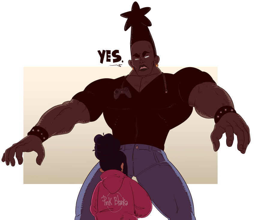 1boy, 1girl, absurdres, black_shirt, border, command_grab_(nuclear_wasabi), controller, dark-skinned_male, dark_skin, denim, dualshock, english_text, game_controller, gradient_background, height_difference, highres, hood, hoodie, jeans, lowtiergod, muscular, muscular_male, nuclear_wasabi, pants, pink_hoodie, playstation_controller, shirt, size_difference