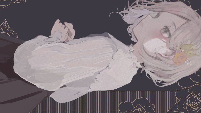 1girl, black_skirt, eri_(vtuber), flower, grey_eyes, grey_hair, hair_behind_ear, hair_flower