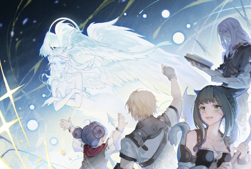 2boys, 3girls, alternate_form, animal_ears, arm_up, arms_up, bare_shoulders, black_gloves