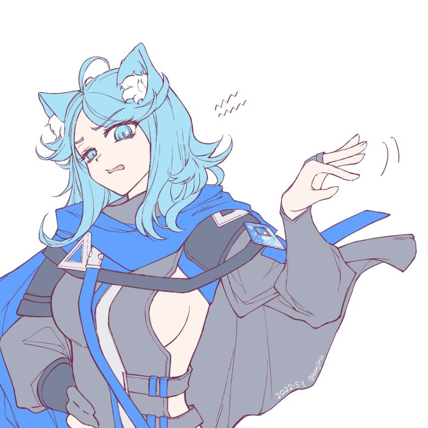 1girl, ahoge, animal_ear_fluff, animal_ears, arknights, belt, black_cape, black_gloves, blue_eyes, blue_hair, blue_scarf, bonjirix, breasts, cape, cat_ears, dated, gloves, hand_on_own_hip, highres, large_breasts, long_hair, midriff_peek, monique_(arknights), motion_lines, open_mouth, parted_bangs, partially_fingerless_gloves, scarf, sideboob, simple_background, solo, twitter_username, upper_body, v-shaped_eyebrows, white_background