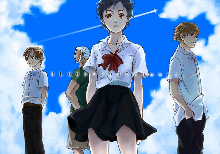 00s, 1girl, 3boys, aircraft, airplane, arms_behind_back, bad_id, bad_pixiv_id, beard, black_hair, blood+, bow, brown_hair, cloud, contrail, dark_skin, day, dress_shirt, english_text, facial_hair, from_below, hands_in_pockets, imuko, looking_down, miyagusuku_george, miyagusuku_kai, miyagusuku_riku, multiple_boys, otonashi_saya, school_uniform, shirt, short_hair, skirt, sky, white_hair