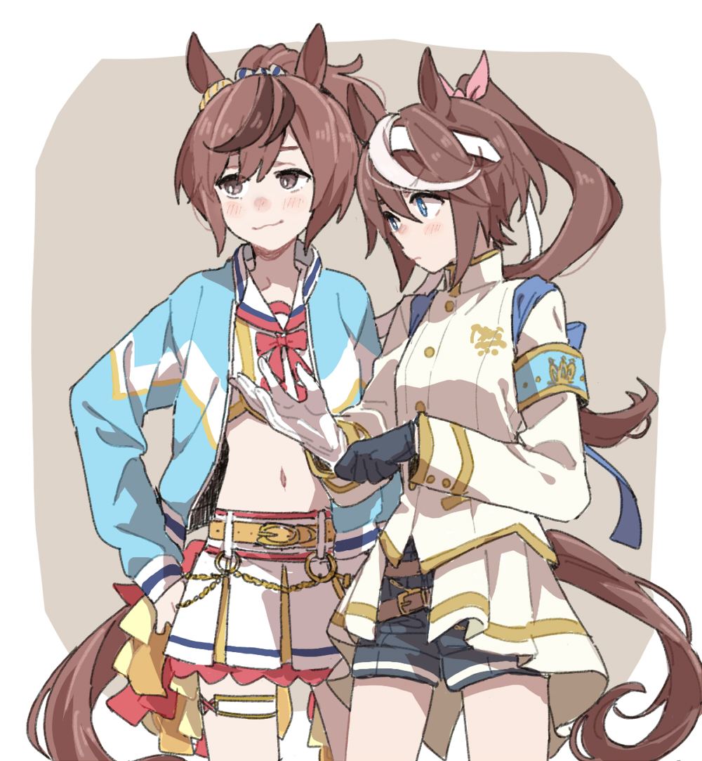 2girls, adapted_costume, adjusting_clothes, adjusting_gloves, animal_ears, armband, asymmetrical_gloves, belt