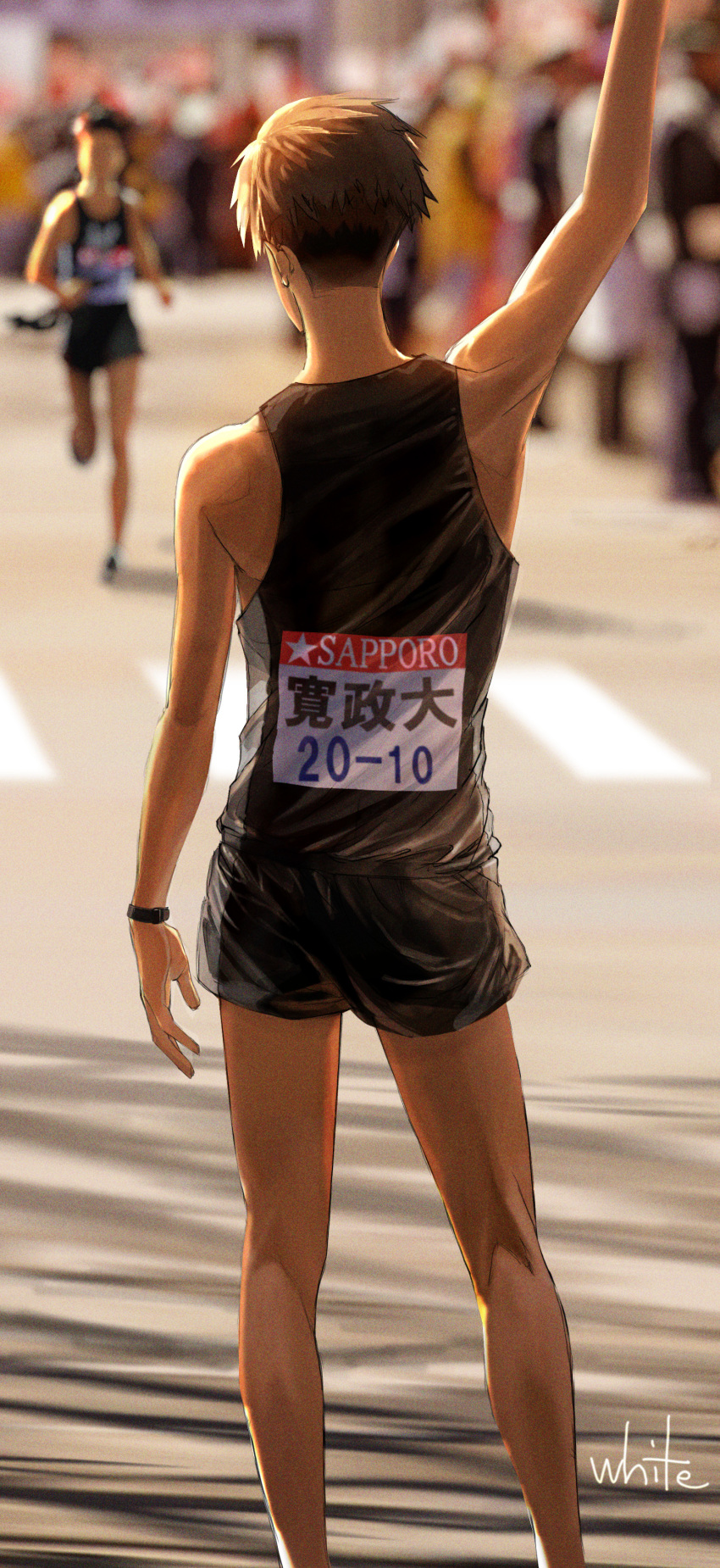 2boys, absurdres, arm_up, artist_name, black_shorts, brown_hair, crowd, day