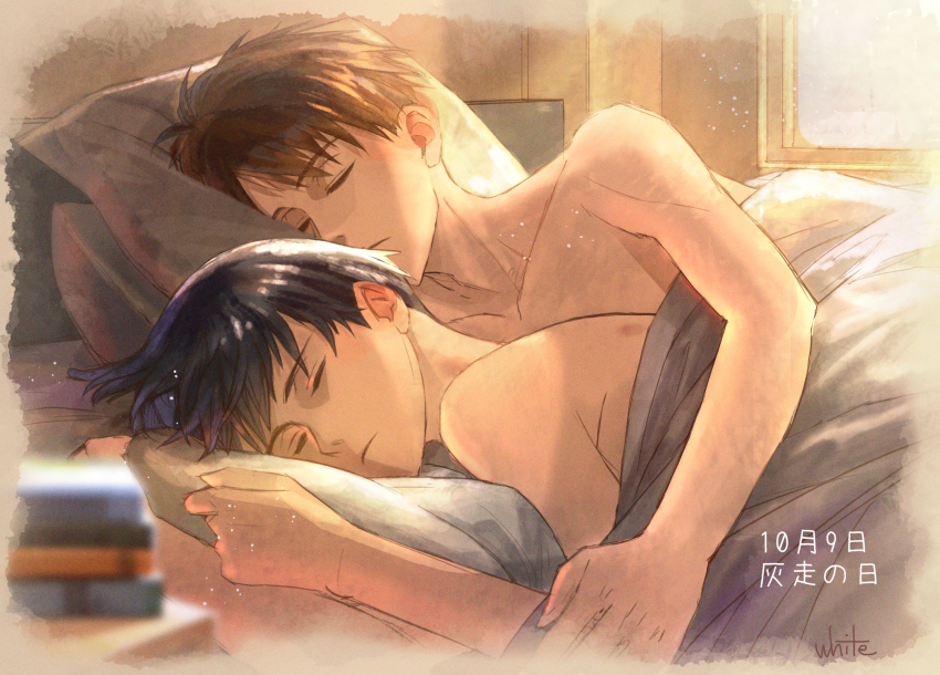 2boys, artist_name, black_hair, blurry, blurry_foreground, book, book_stack, brown_hair, dated, day, closed_eyes, haiji_kiyose, highres, kaze_ga_tsuyoku_fuiteiru, kurahara_kakeru, male_focus, multiple_boys, pillow, sleeping, under_covers, white50080909, window, yaoi