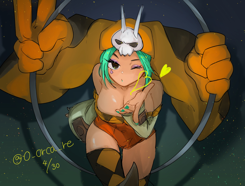 1girl, absurdres, blowing_kiss, breasts, cerebella_(skullgirls), cleavage, dark-skinned_female, dark_skin, dot_nose, eyeshadow, facing_viewer, green_background, green_hair, green_lips, green_nails, hat, highres, looking_at_viewer, makeup, nail_polish, one_eye_closed, renka_(renxka), skirt, skullgirls, solo, thighhighs, vice-versa_(skullgirls)