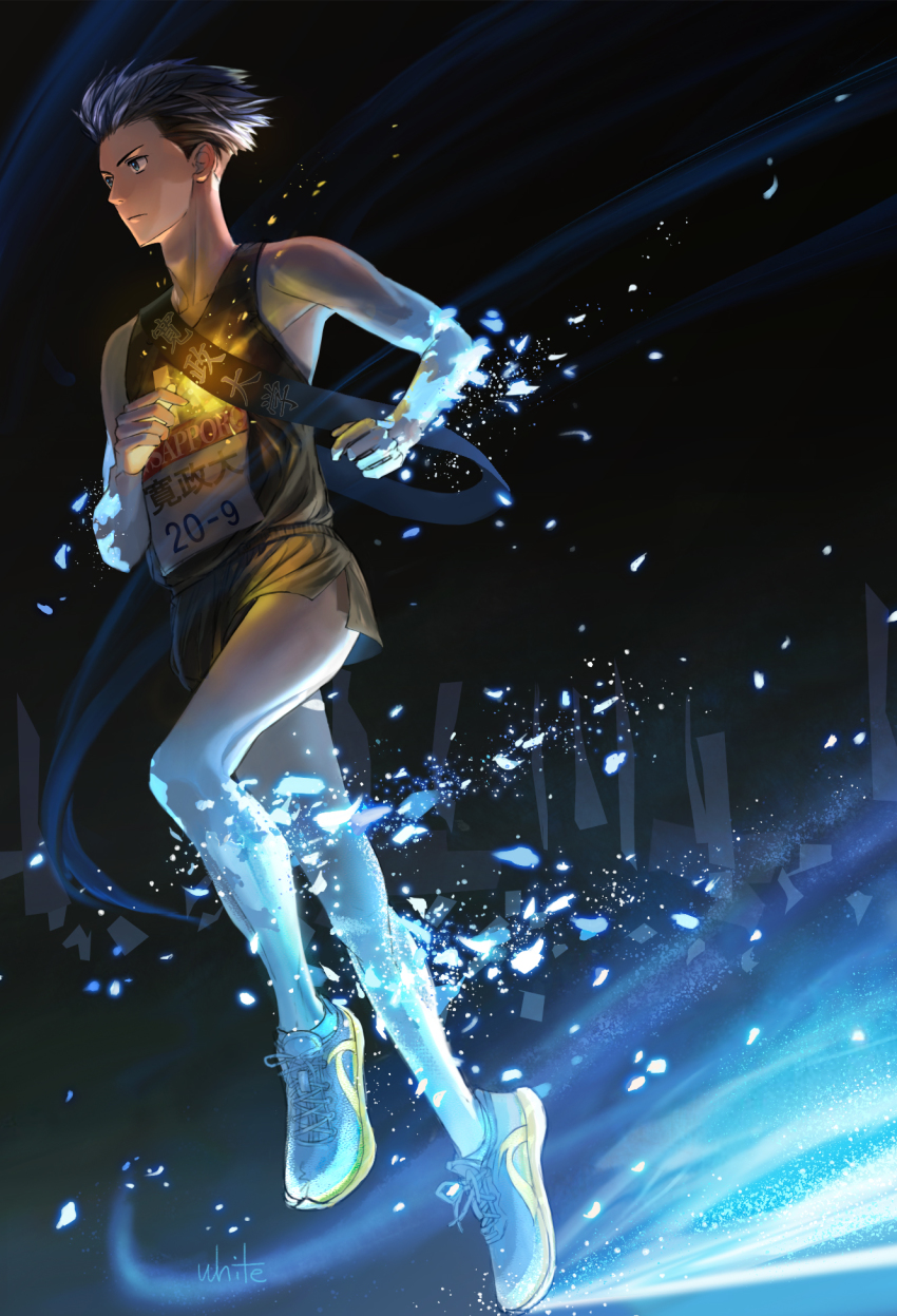 1boy, artist_name, aura, black_background, black_hair, black_shorts, full_body, highres