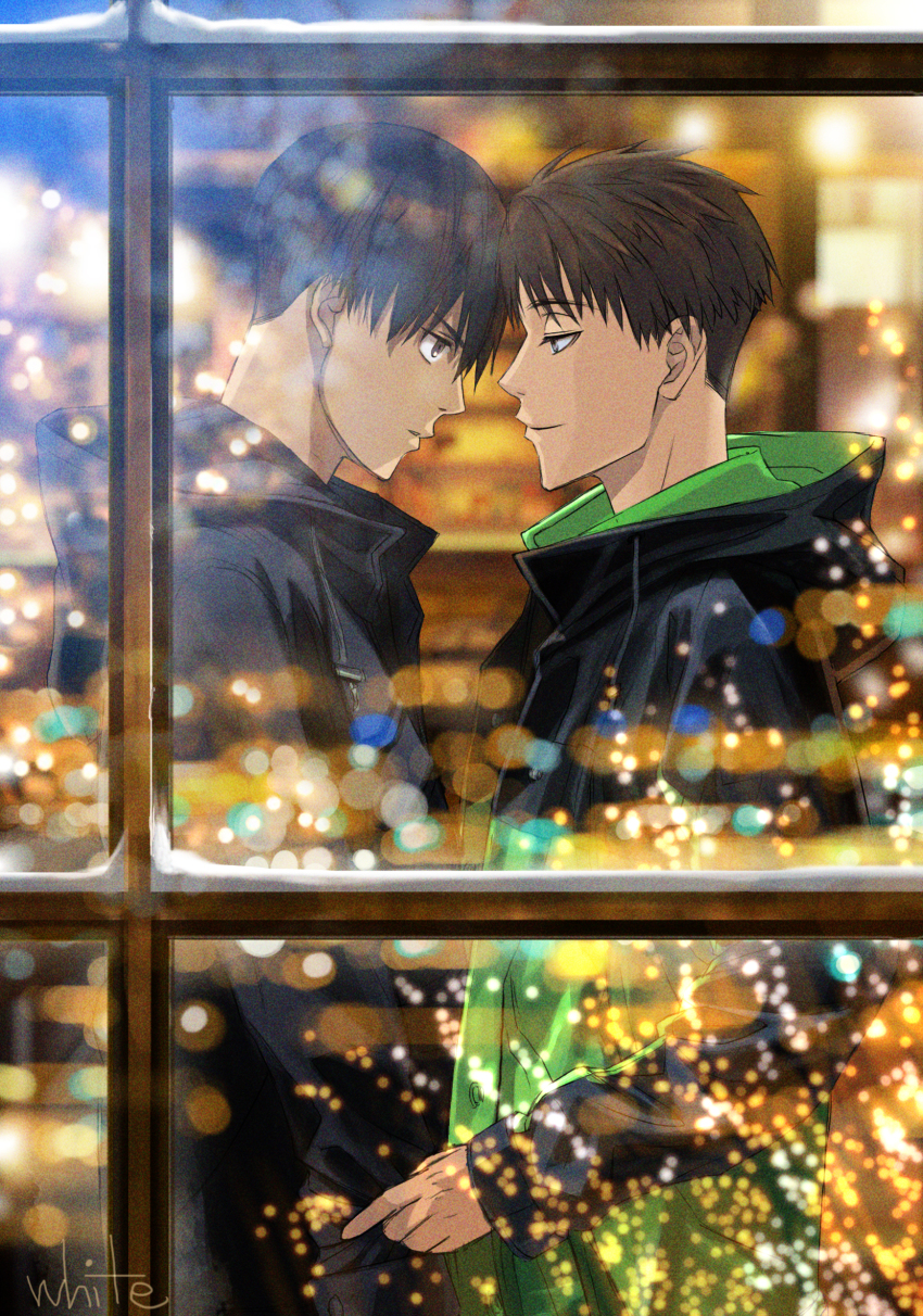 2boys, absurdres, artist_name, black_hair, black_jacket, brown_eyes, brown_hair, green_jacket, haiji_kiyose, highres, hood, hood_down, jacket, kaze_ga_tsuyoku_fuiteiru, kurahara_kakeru, long_sleeves, multicolored_jacket, multiple_boys, standing, two-tone_jacket, white50080909, window, yaoi