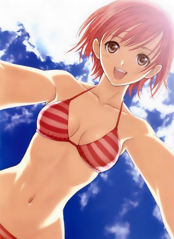 1girl, armpits, backlighting, bikini, breasts, breasts_apart, brown_eyes, cleavage