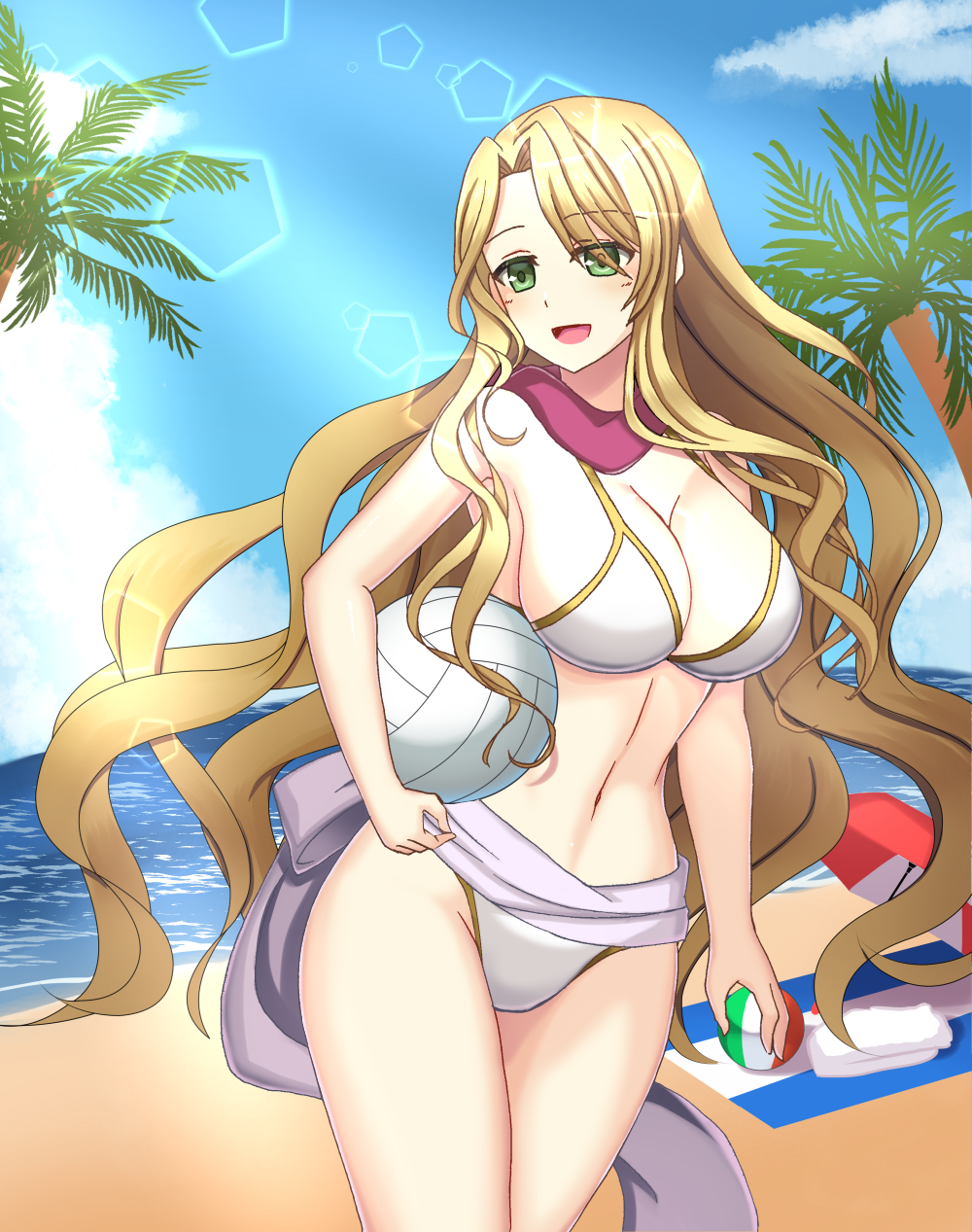 1girl, :d, ball, beach, bikini, blonde_hair, blue_sky, breasts